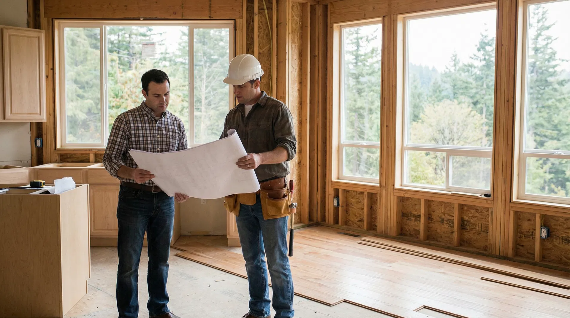 Investor and contractor reviewing renovation blueprints